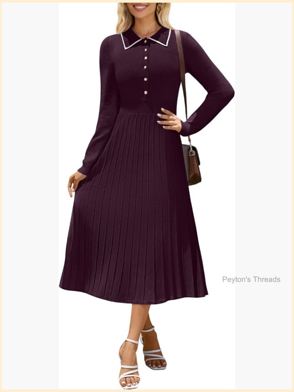 Pleated Contrast Long Sleeve Button Lapel Collar Maxi Bodycon Sweater Dress